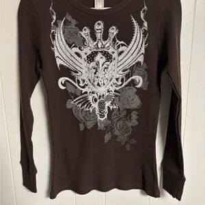 y2k long sleeve waffle knit with angel wings and cross design